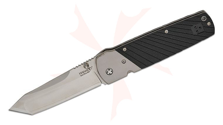 Cold Steel Custom Series Vintage Hatamoto Folding Knife 4 inch VG-1 San Mai III Mirror Polished Tanto Blade, Textured Black G10 Handles with Polished Titanium Bolsters