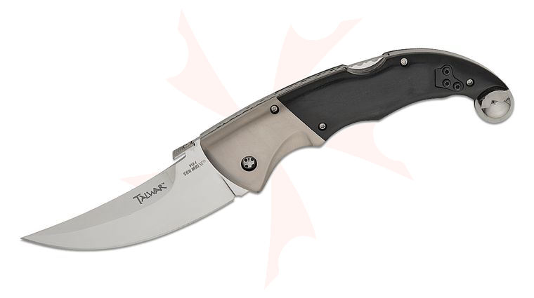 Cold Steel Custom Series Vintage Talwar Folding Knife 3.75 inch VG-1 San Mai III Mirror Polished Blade, Black Linen Micarta Handles with Polished Titanium Bolsters