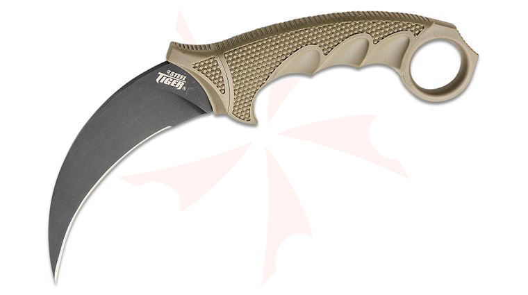 Cold Steel 49KST-DEBK Steel Tiger Karambit Fixed 4.75 inch Black Blade, FDE Griv-Ex and Kray-Ex Handles, Secure-Ex Sheath