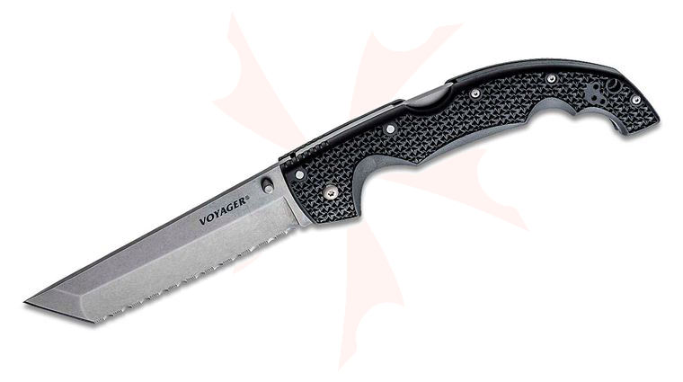 Cold Steel 29AXTS XL Voyager Tanto Folding Knife 5.5 inch Japanese AUS-10A Stonewashed Serrated Blade, Griv-Ex Handles