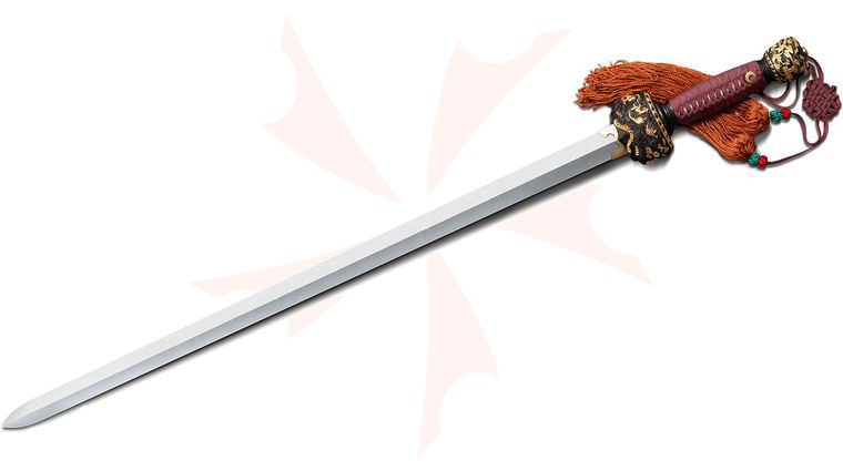 Cold Steel Chinese Two Collar Sea Wave Gim 37 inch Overall, Damascus Blade, Rosewood Handle with Silk Wrap, Rosewood Scabbard