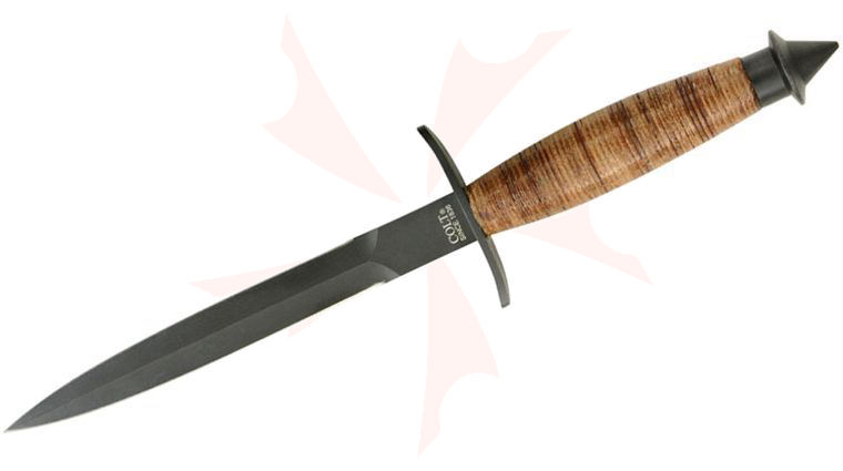 Colt V-42 Dagger 7 inch Double Edged Black Blade, Stacked Leather Handle, Brown Leather Sheath