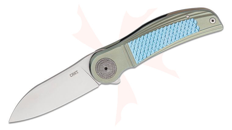 Columbia River CRKT 4000 Michael Walker Monument Flipper Knife 3.07 inch Satin M390 Modified Sheepsfoot Blade, Green Titanium Handles with Blue Scale Texture, Bluetongue Damasteel Pivot