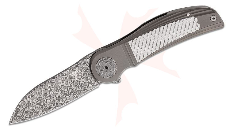 Columbia River CRKT 4001 Michael Walker Monument Flipper Knife 3.07 inch Rose Damasteel Modified Sheepsfoot Blade, Titanium Handles with Scale Texture, Bluetongue Damasteel Pivot
