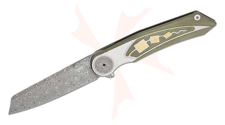 Columbia River CRKT 4015 Michael Walker Limited Edition Fortuitous Liner Lock Flipper Knife 3.51 inch Rose Damasteel Reverse Tanto Blade, Milled Green Flourish Titanium Handles, Damasteel Pivot