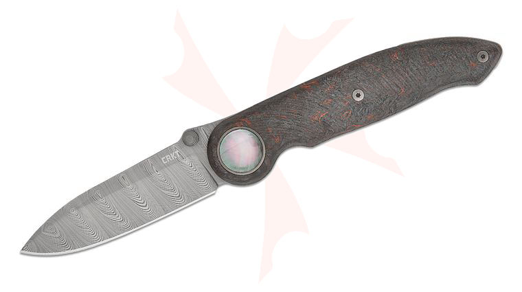 Columbia River CRKT 4011 Michael Walker Limited Edition Pursue Liner Lock Flipper Knife 3.15 inch Twist Damasteel Drop Point Blade, Contoured Red Dark Matter FatCarbon Handles, Mother of Pearl Pivot