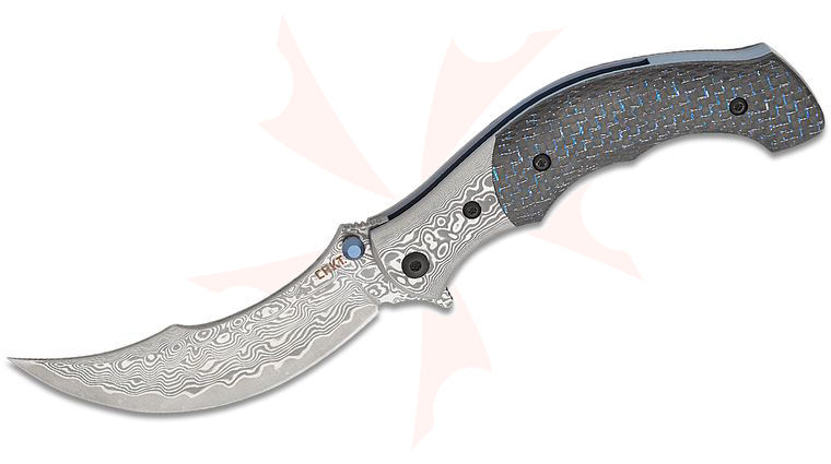 Columbia River CRKT 7466 Alan Folts Ritual Compact Manual Flipper Knife 3.33 inch Damascus Persian Blade, Carbon Fiber Handles with Damascus Bolsters