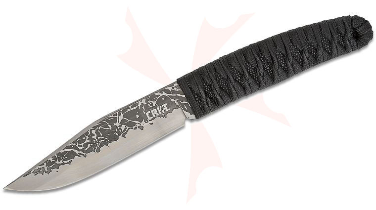 Columbia River CRKT 2290 Lucas Burnley Nishi Fixed Blade Knife 4.416 inch Etched Clip Point Plain Blade, Cord Wrapped Handle, GRN Sheath