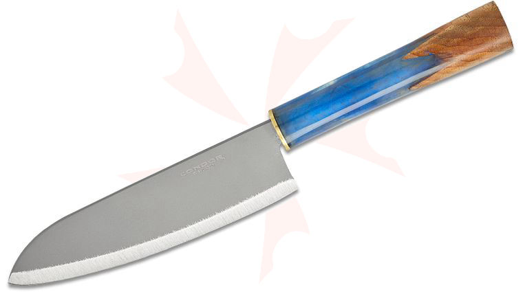 Condor Tool & Knife CTK5000-6.5RC Shefu Kitchen Santoku Knife 6.79 inch 440C Blasted Satin Blade, Epoxy Resin and Hickory Wood Handles, Welted Leather Sheath