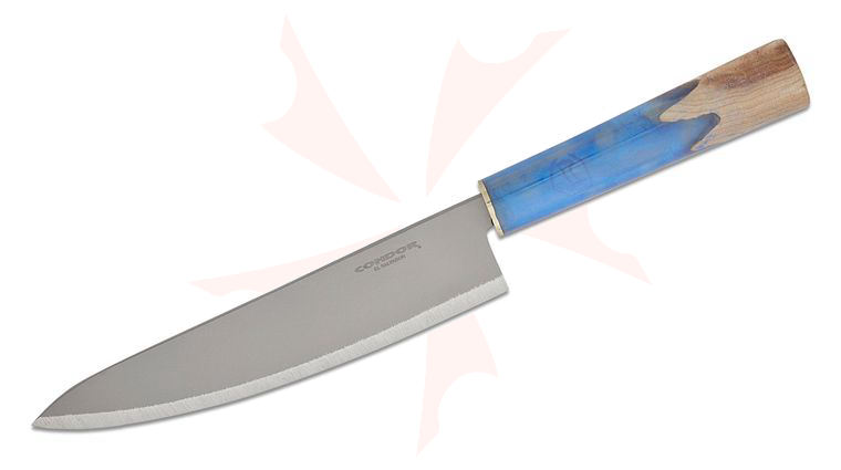 Condor Tool & Knife CTK5002-7.8R Shefu Kitchen Gyuto Knife 7.83 inch 440C Blasted Satin Blade, Epoxy Resin and Hickory Wood Handles, Welted Leather Sheath