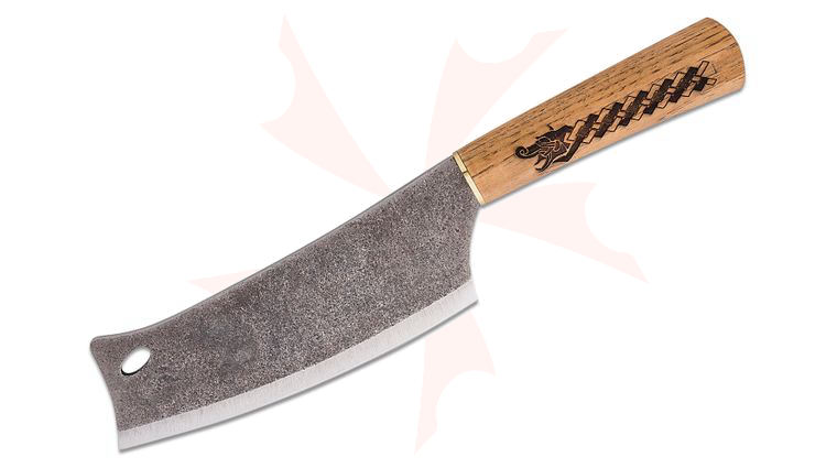 Condor Tool & Knife CTK1033-7.4-HC Norse Dragon Cleaver Fixed Blade Knife 7.47 inch 1075 Natural Cleaver, Burnt American Hickory Handles, Welted Leather Sheath