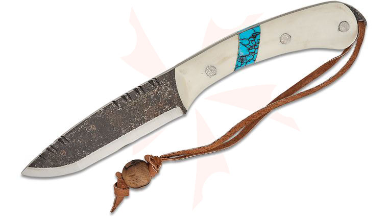 Condor Tool & Knife CTK2825-4.3MHC Blue River Fixed Blade Knife 4.31 inch 1095 Carbon Steel Blade, White Micarta and Turquoise Handles, Welted Leather Sheath