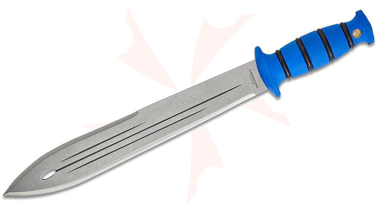 Condor Tool & Knife CTK3006 HC Combat Machete 12.8 inch Stonewashed 1075 Carbon Steel Blade, Blue TPE Handles, Welted Leather Sheath