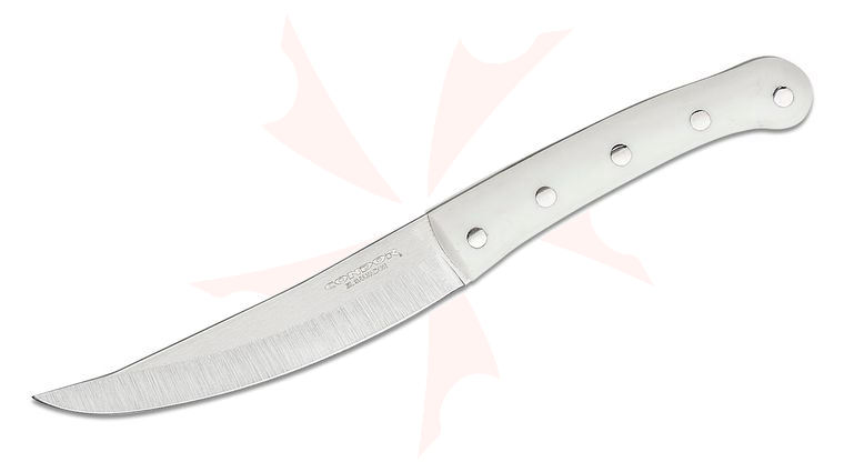 Condor Tool & Knife CTK5008-4.5SS Meatlove Knife 4.56 inch 420HC Polished Trailing Point Blade, White Micarta Handles, Welted Leather Sheath