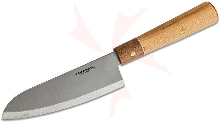 Condor Tool & Knife CTK5000-6.5 Kondoru Kitchen Santoku Knife 6.55 inch Blasted Satin Blade, Hickory/Walnut Wood Handles, Welted Leather Sheath