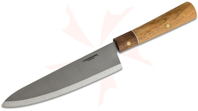 Condor Tool & Knife CTK5002-7.8 Kondoru Kitchen Gyuto Knife 7.83 inch Blasted Satin Blade, Hickory/Walnut Wood Handles, Welted Leather Sheath