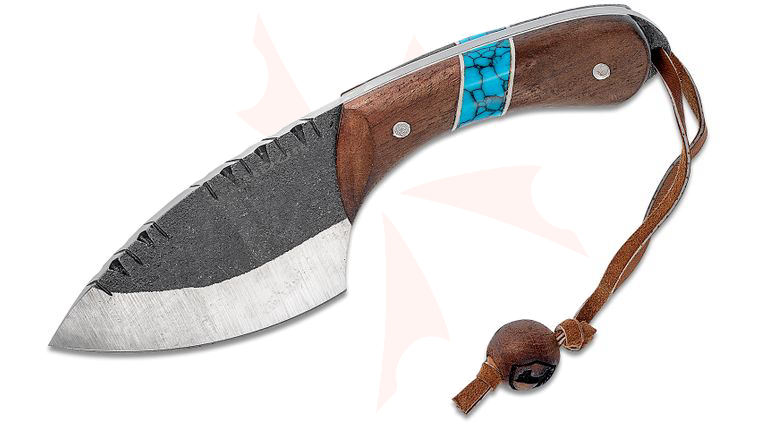Condor Tool & Knife CTK112-3.5-4C Blue River Skinner Fixed Blade Knife 3.5 inch 440C Stainless Steel, Walnut Wood and Turquoise Handles, Welted Leather Sheath