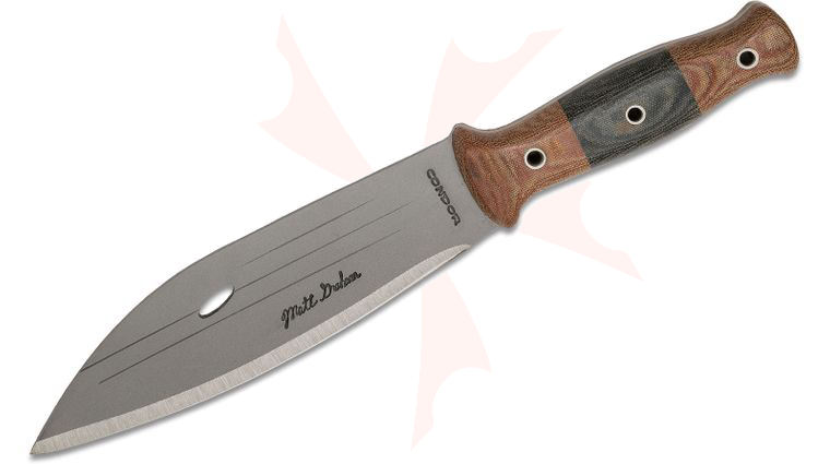 Condor Tool & Knife CTK242-8HC Primitive Bush Knife 8 inch Blasted Satin Carbon Steel Blade, Micarta Handles, Leather Sheath