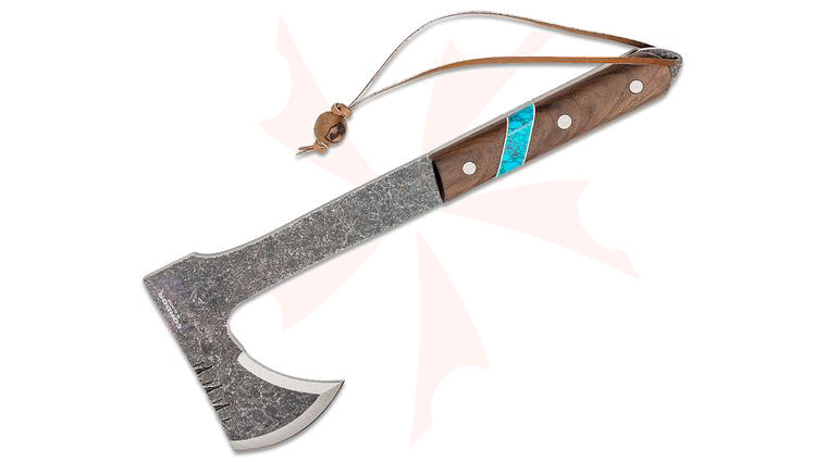 Condor Tool & Knife CTK2826-HC Blue River Tomahawk 5.4 inch 1075 High Carbon Steel Blade, Walnut Wood Handle w/ Reconstituted Turquoise Stone Inlay, Welted Leather Sheath