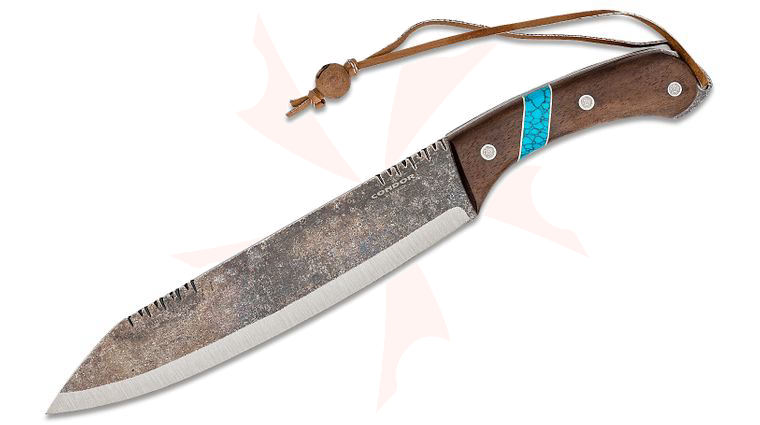 Condor Tool & Knife CTK2827-10HC Blue River Machete 10 inch 1075 High Carbon Steel, Walnut Wood Handle w/ Reconstituted Turquoise Stone Inlay, Welted Leather Sheath