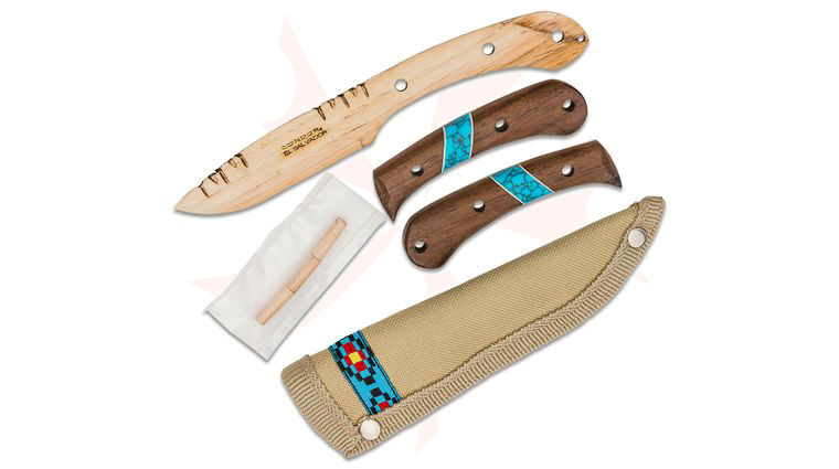 Condor Tool & Knife CTK2829-3.5-HI Blue River Wooden Knife Kit 3.4 inch Unsharpened Hickory Blade, Walnut Handles w/ Reconstituted Turquoise Stone Inlay, Canvas Sheath
