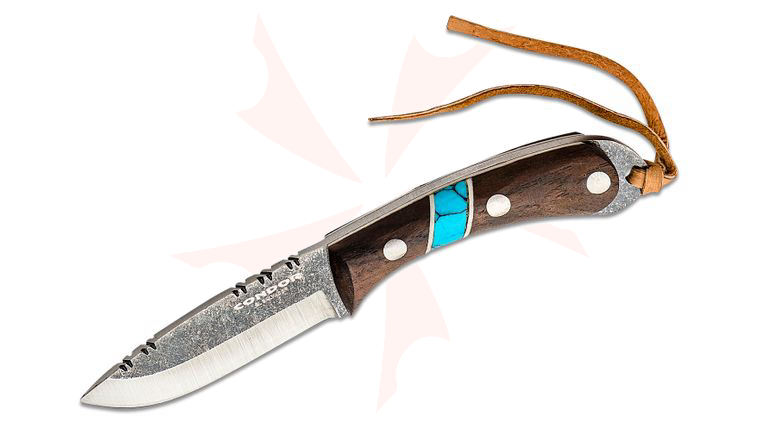 Condor Tool & Knife CTK2839-2.3HC Blue River Neck Knife 2.32 inch 1095 Carbon Steel, Walnut Wood and Turquoise Handles, Welted Leather Sheath