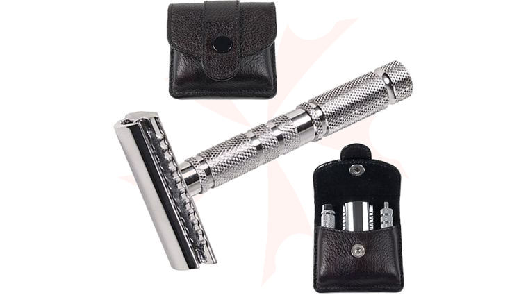 Parker A-1R Chrome Double Edge Travel Safety Razor, 3 inch Handle, Leather Case