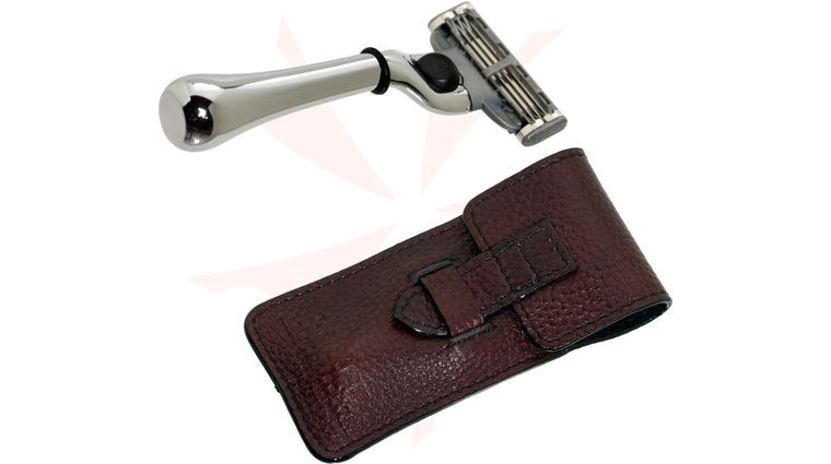Parker Chrome Travel Mach 3 Safety Razor, 3-5/8 inch Overall, Leather Case
