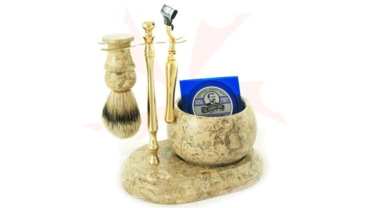Colonel Conk #250G Handcrafted 5 Piece Marble Shave Set in Fossil, Gold