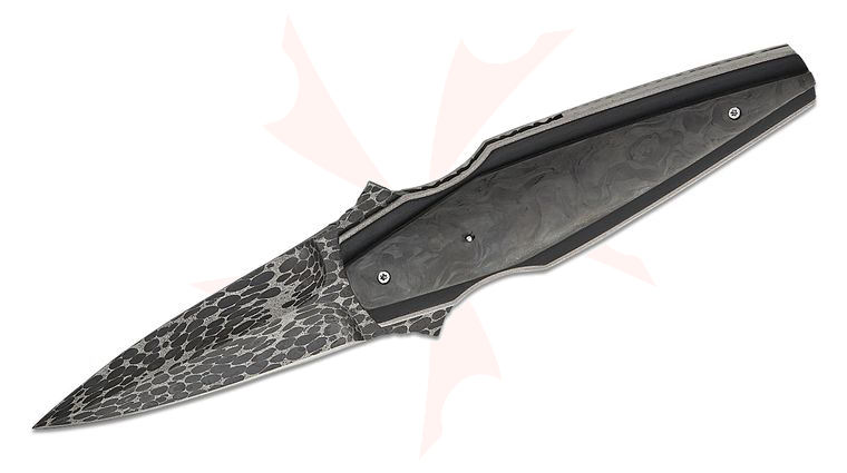 Corrie Schoeman Handmade Knives Folding Dagger Flipper Knife 3.25 inch Peter Goosen Damascus Single-Edge Dagger Blade, Carbon Fiber Handles with File Work