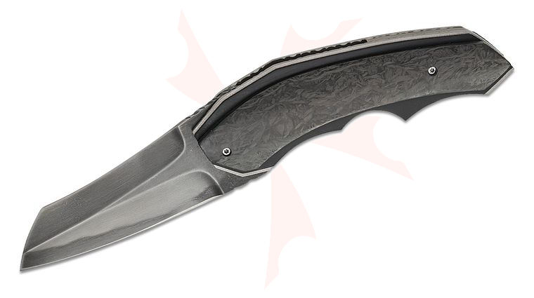 Corrie Schoeman Handmade Knives X-Ecute Front Flipper Knife 3.125 inch 1095 Carbon Hamon Modified Sheepsfoot Blade, Carbon Fiber Handles with File Work