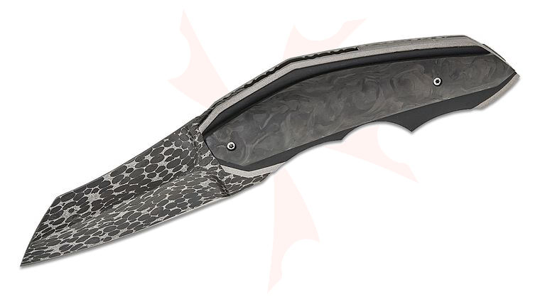 Corrie Schoeman Handmade Knives X-Ecute Front Flipper Knife 3.125 inch Peter Goosen Damascus Modified Sheepsfoot Blade, Carbon Fiber Handles with File Work