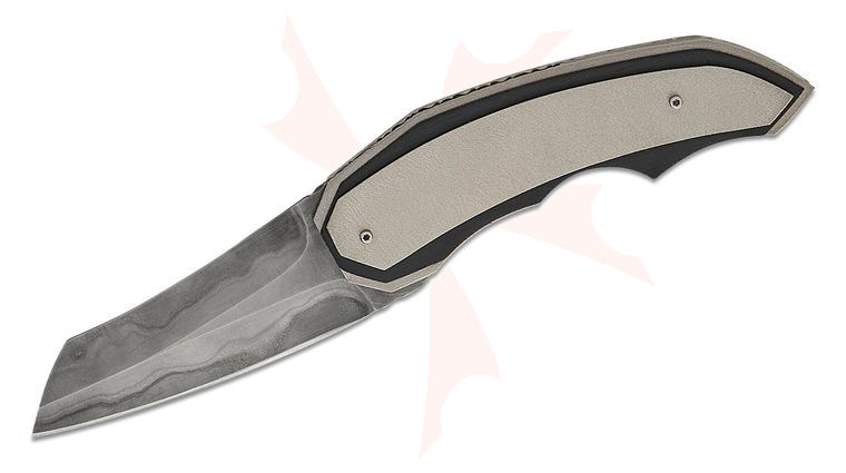 Corrie Schoeman Handmade Knives X-Ecute Front Flipper Knife 3.125 inch San Mai Modified Sheepsfoot Blade, Titanium Handles with File Work