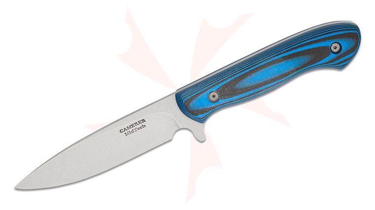 Craig Camerer Mid-Tech Outback Hunter Fixed Blade Knife 4.25 inch 52100 Stonewashed Drop Point Blade, Blue/Black G10 Handles, Leather Sheath