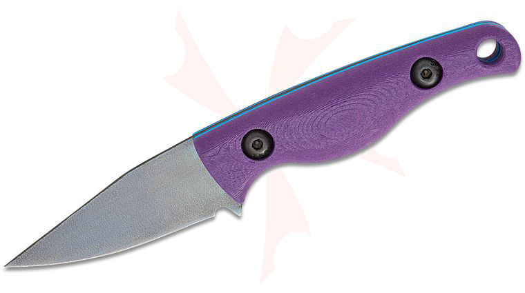 Creely Blades John Gray Customized Minnow Pocket Fixed Blade Knife 2.12 inch Beta Titanium (Graytanium Z) Chisel Clip Point Blade, Purple Carbon Fiber Composite Handles with Blue Liners, Kydex Sheath