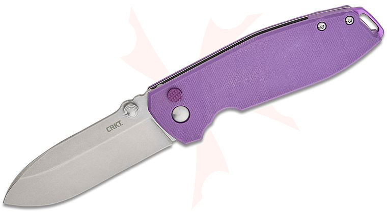 Columbia River CRKT 2495P Lucas Burnley Squid XM Button Lock Folding Knife 2.95 inch 14C28N Stonewash Drop Point Blade, Violet G10 Handles