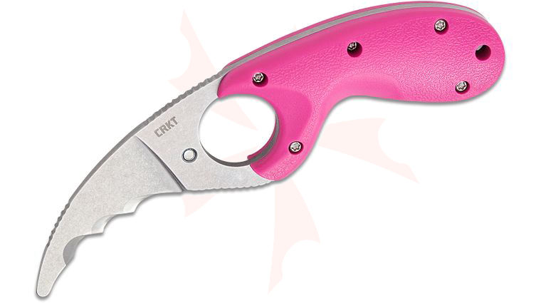 Columbia River CRKT 2511F Kommer Bear Claw Fixed Blade Knife 2.38 inch AUS-8 Stonewashed Serrated Blunt Tip Hawkbill Blade with Veff Serrations, Pink Glass-Reinforced Nylon GRN Handles, Pink Thermoplastic Sheath