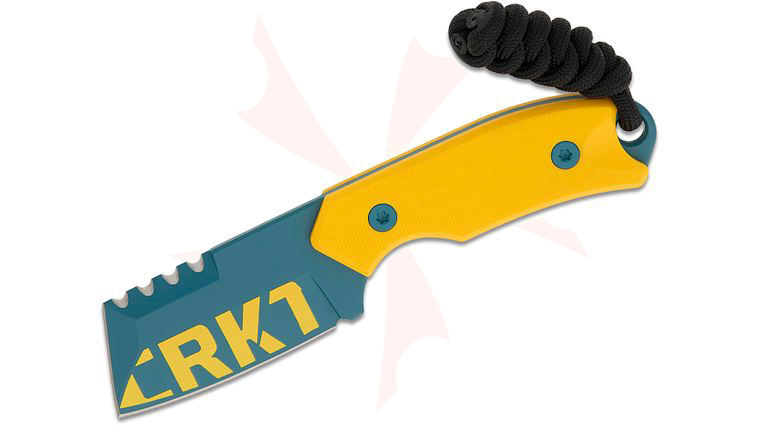 Columbia River CRKT 4036Y Jon Graham Razel Compact Fixed Blade Knife 2.32 inch D2 Ceramic Blue Cerakote with CRKT Print Chisel Blade, Yellow G10 Handles, Thermoplastic Sheath