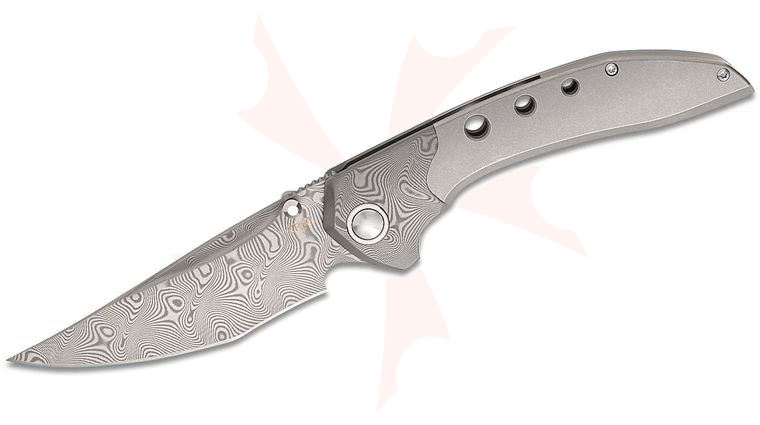 Columbia River CRKT 5681 Princeton Wong Orochi Frame Lock Flipper Knife 3.55 inch Damascus Recurved Clip Point Blade, Stonewashed Titanium Handles with Damascus Bolsters