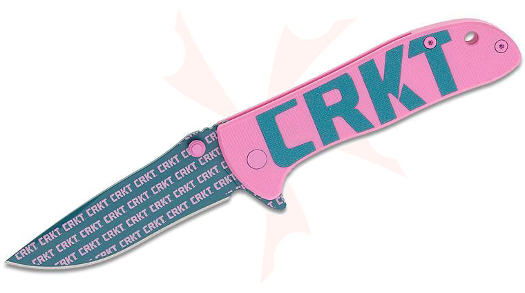 Columbia River CRKT 6450D2P Drifter Liner Lock Flipper Knife 2.88 inch D2 Ceramic Blue Coating with CRKT Print Drop Point Blade, Pink G10 Handles with CRKT Print