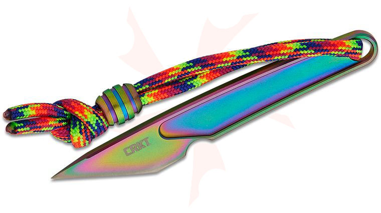Columbia River CRKT 7065P Richard Rogers Chisel Ground HangTi Fixed Neck Knife 1.06 inch Iridescent Titanium Wharncliffe Blade, One Piece Iridescent Titanium Construction, Kydex Sheath, Rainbow Lanyard with Bead