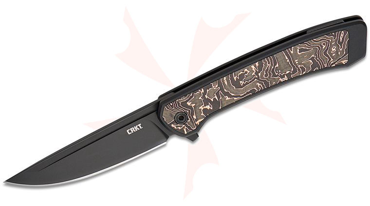 Columbia River CRKT 7077CF Richard Rogers Q Compact Liner Lock Flipper Knife 2.95 inch S35VN Black DLC Drop Point Blade, Black Aluminum Handles with Copper Foil Carbon Fiber Inlays 