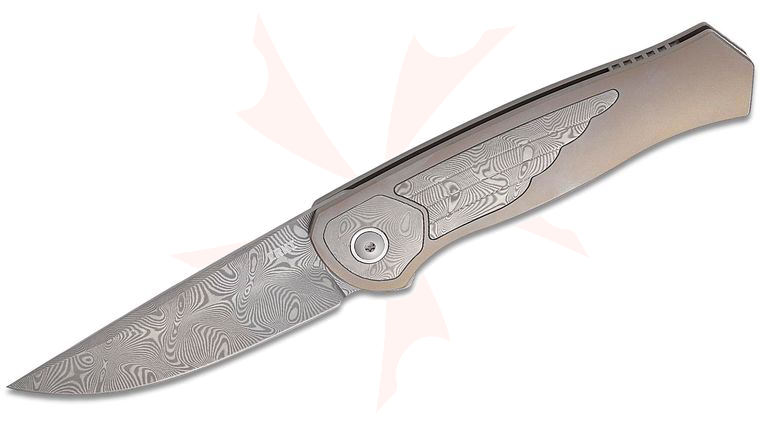 Columbia River CRKT 7102 Richard Rogers Limited Edition Sero Frame Lock Flipper Knife 3.12 inch Damascus Drop Point Blade, Bronze Titanium Handles with Damascus Inlays 