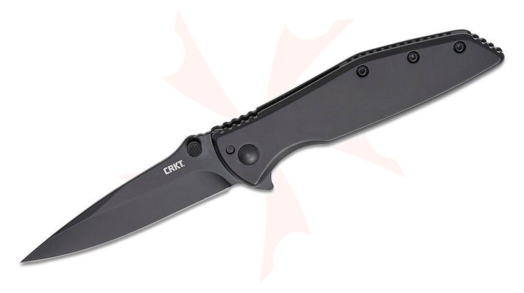 Columbia River CRKT 7600K Russ Kommer Slag Frame Lock Assisted Flipper Knife 2.95 inch D2 Black Oxide Drop Point Blade, Black Stainless Steel Handles