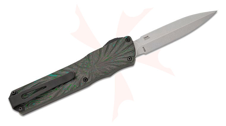 Columbia River CRKT A1100 Twist Tighe AUTO OTF Knife 2.65 inch MagnaCut Stonewashed Double Edge Spear Point Blade, Green and Black Carbon Fiber Handles