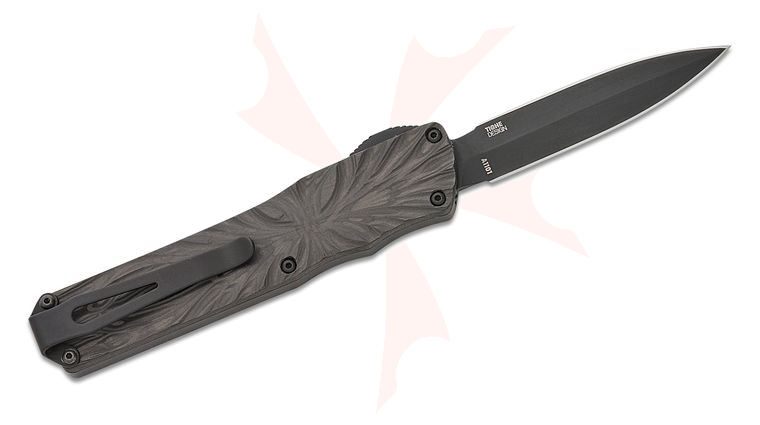 Columbia River CRKT A1101 Twist Tighe AUTO OTF Knife 2.65 inch MagnaCut Black Stonewashed Double Edge Spear Point Blade, Black Carbon Fiber Handles