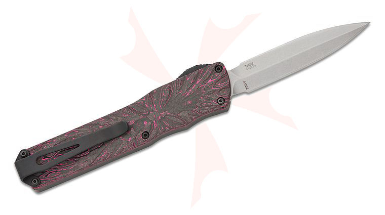 Columbia River CRKT A1102 Twist Tighe AUTO OTF Knife 2.65 inch MagnaCut Stonewashed Double Edge Spear Point Blade, Pink and Black Carbon Fiber Handles
