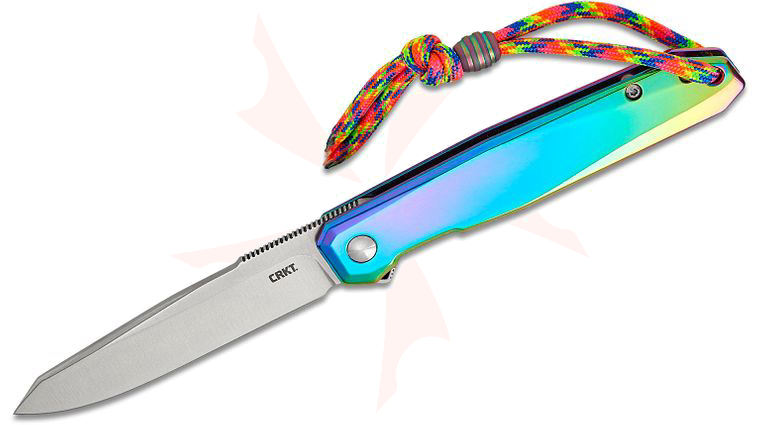Columbia River CRKT K230PXP Ken Onion Facet Frame Lock Flipper Knife 3.37 inch 12C27 Satin Drop Point Blade, Iridescent Steel Handles, Rainbow Lanyard with Bead