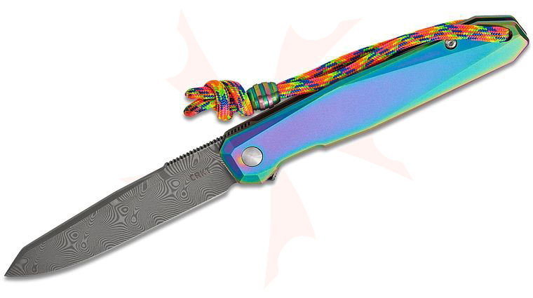 Columbia River CRKT K231TDP Ken Onion Frame Lock Facet Flipper Knife 3.37 inch Damascus Drop Point Blade, Iridescent Titanium Handles, Rainbow Lanyard with Bead