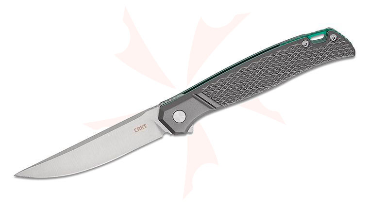 Columbia River CRKT K440XXP Ken Onion Scar Liner Lock Flipper Knife 3.3 inch D2 Satin Straight-Back Blade, Gray Aluminum Handles with Green Liners